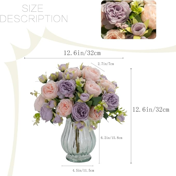 Artificial Peonies Silk Flowers in Glass Vase Faux Flowers Bouquets Modern - Image 4