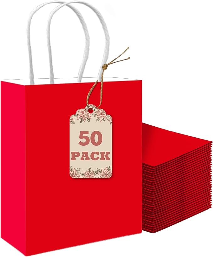 qiqee 50-Packs Gift Bag with Handles Bulk Red Paper Bags Multiple Uses by Qiqee
