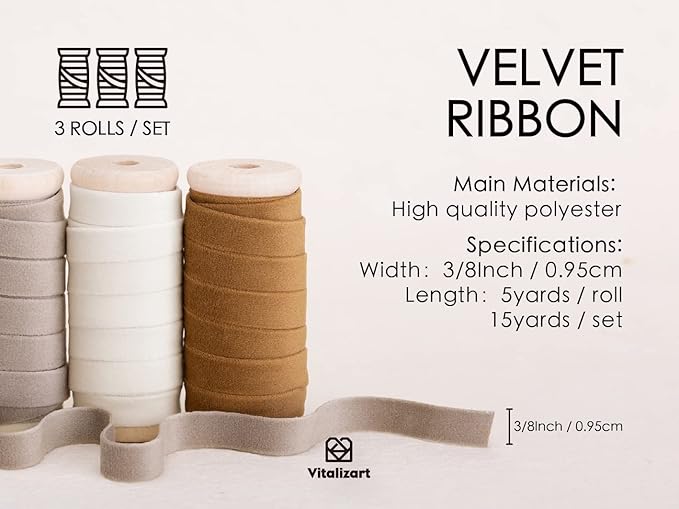 Vitalizart Velvet Ribbon Nude Ivory Set 3/8" x 15 Yd Wooden Spool Fabric Trim 3 - Image 2