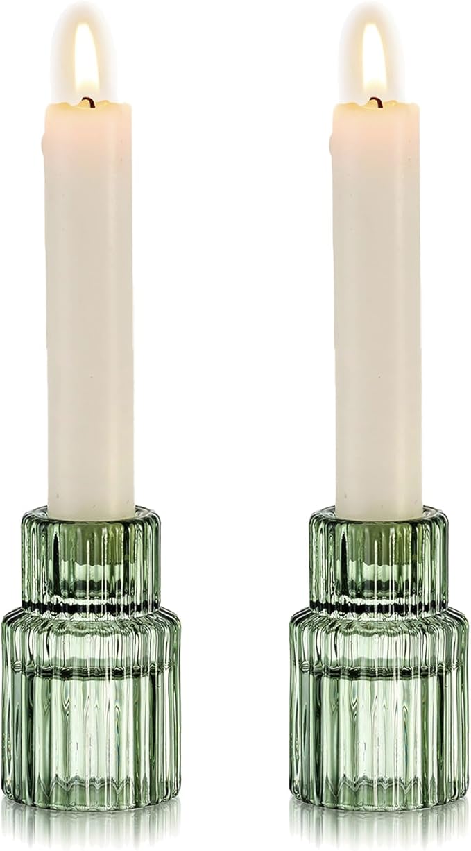 Hewory Glass Taper Candle Holders: 2PCS Green Vintage Candle Holder Candlestick by Hewory