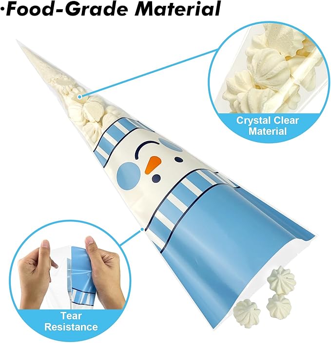EKAPACKAGING 50Pcs 7x15 Inches Snowman Print Cone Shaped Treat Bags - Image 3