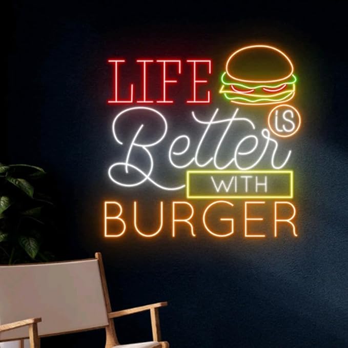 Life Is Better With Neon Burger Sign, Burgers Neon Light, Led Sign, Restaurant - Image 5