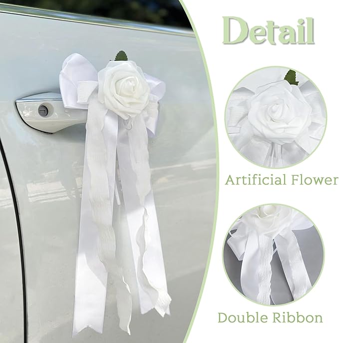 6PCS Wedding Car Door Handle Flowers, Just Married Automotive Decoration - Image 3