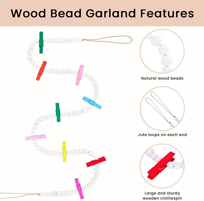 Hanging Photo Display Wall Decor, Wooden Bead Garland Collage Picture Frame - Image 4