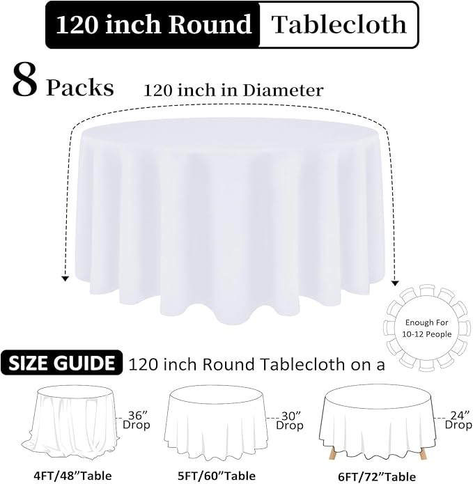 8 Pack White Round Tablecloth 120 Inch White Table Cloth Stain and Wrinkle - Image 2