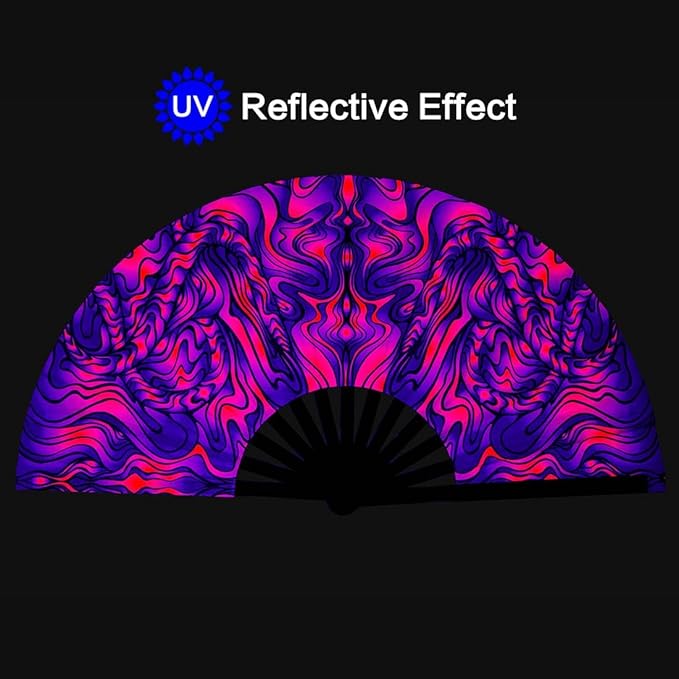 UV Glow Rave Fan, Bamboo Folding Clack Hand Fan - Image 2