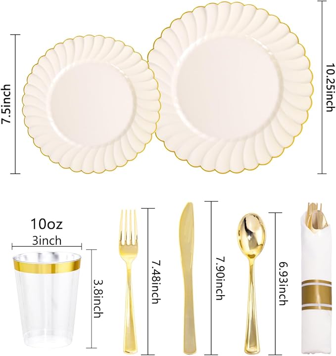 YOUBET 350PCS Ivory Scalloped Plastic Plates - Image 2