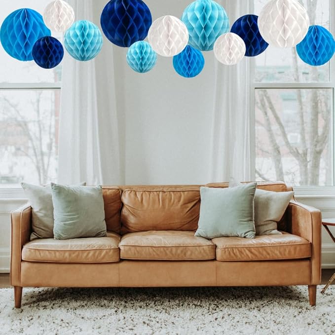 Aiminjey 12Pcs White Blue Paper Honeycomb Flower Balls 6'' 8'' 10'' Decorative - Image 4