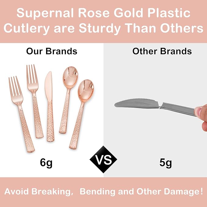 Supernal 180pcs Rose Gold Plastic Silverware Heavy Duty Plastic Forks and Spoons - Image 9