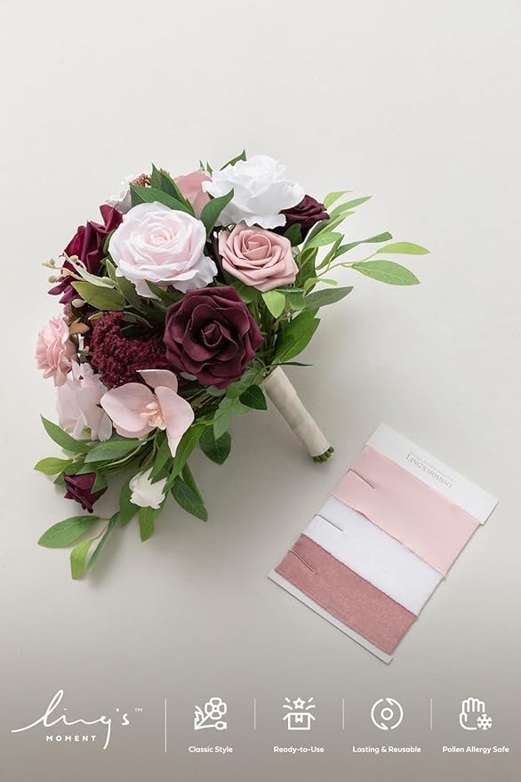 Ling's moment Burgundy Cascading Bridal Bouquet, Marsala Wedding Bouquets - Image 7