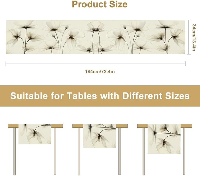 Abstract Floral Table Runner, Watercolor Transparent Beige Poppy Flowers Print - Image 2