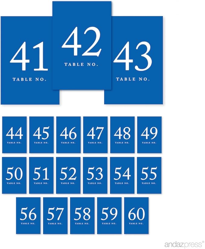 Andaz Press Royal Blue Table Numbers 41-60, 4x6-Inch Table Number Cards by AndazPress