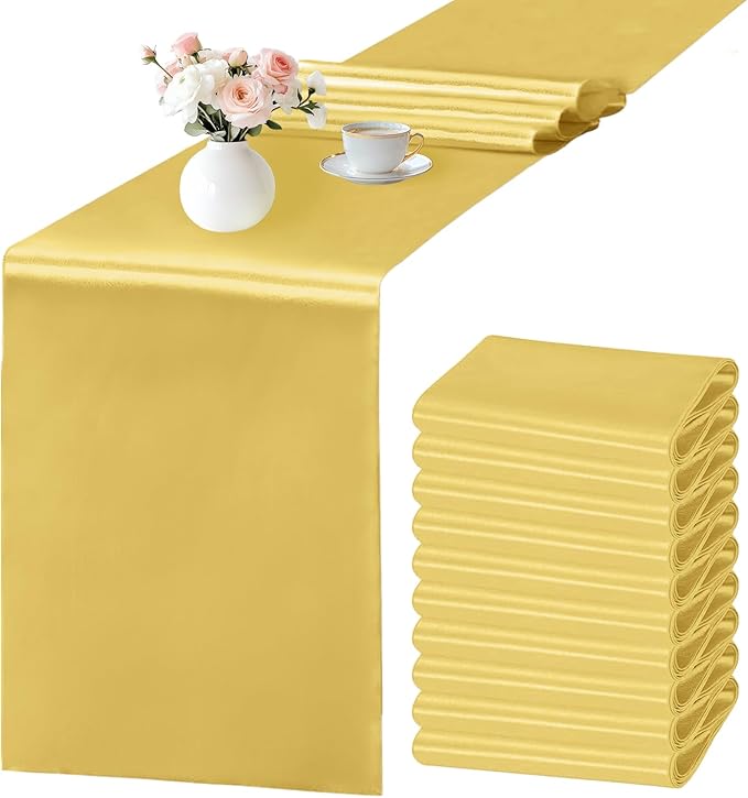 SHEJIZE 10 Pack Light Gold Satin Table Runner 12x108 Inches Long, Bright Silky by SHEJIZE