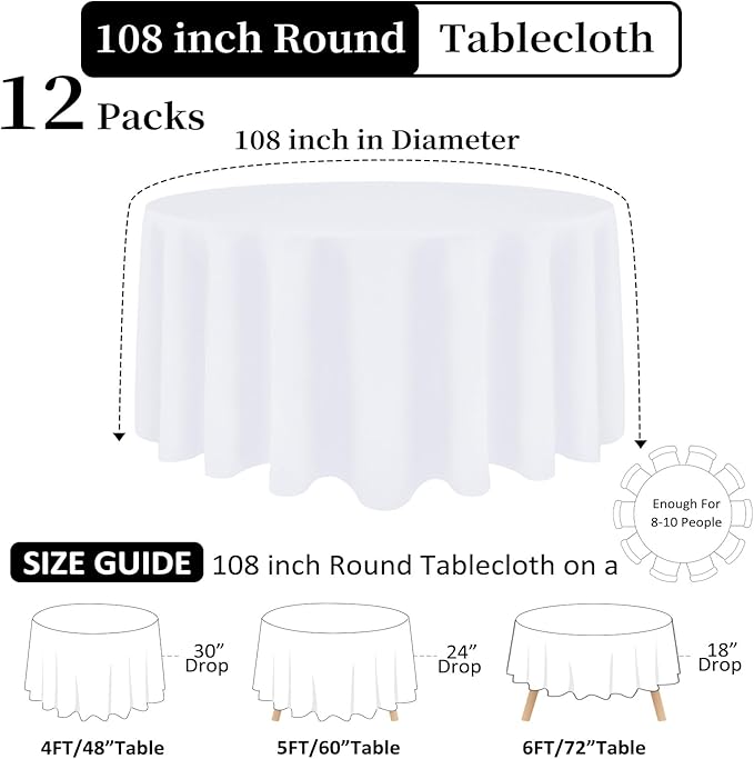 12 Pack White Round Tablecloth 108 Inch White Table Cloth Stain and Wrinkle - Image 2