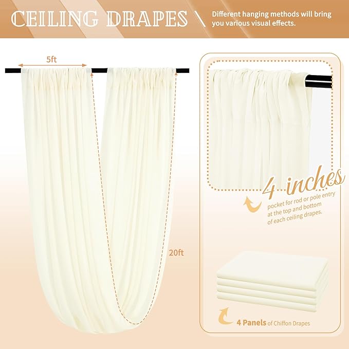 4 Panels Ivory Ceiling Drapes for Wedding 5ftx20ft Sheer Drapery Chiffon Fabric - Image 2
