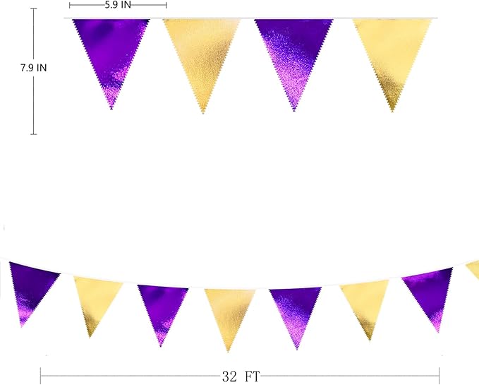 Purple and Gold Party Decorations Metallic Fabric Triangle Pennant Banner Flag - Image 2