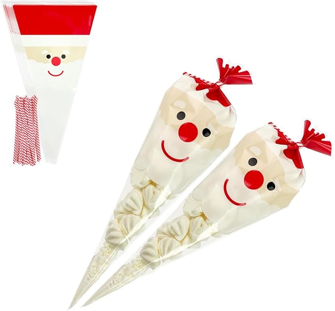 EKAPACKAGING 50Pcs 6.3x11.8 Inches Santa Print Cone Shaped Treat Bags - Image 6