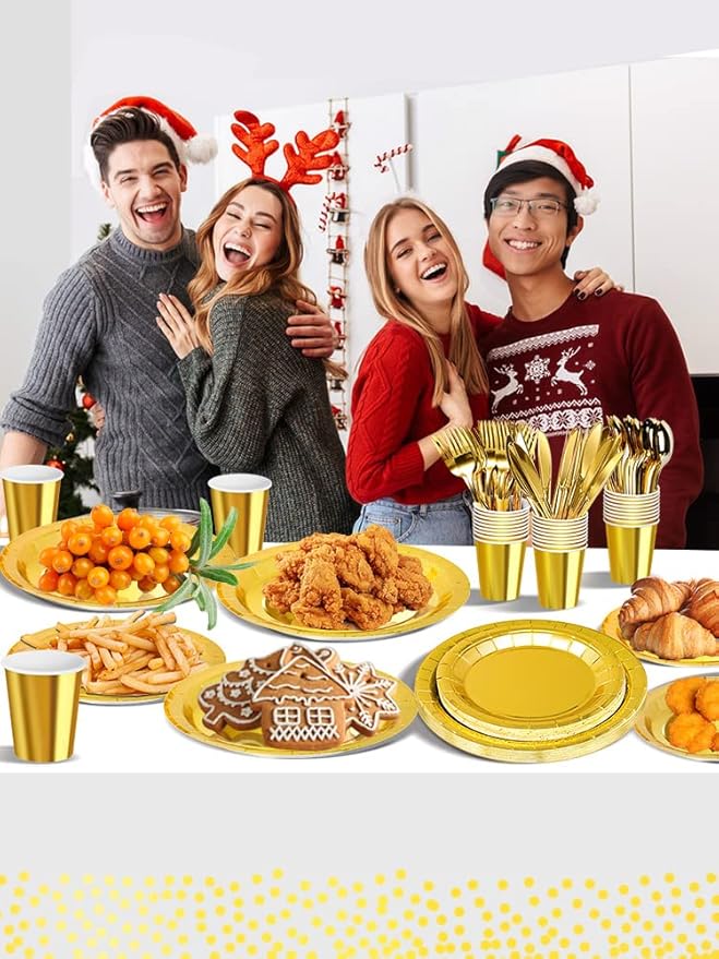 141 Pieces Gold Party Supplies, Party Dinnerware Sets Include Paper Plates - Image 6