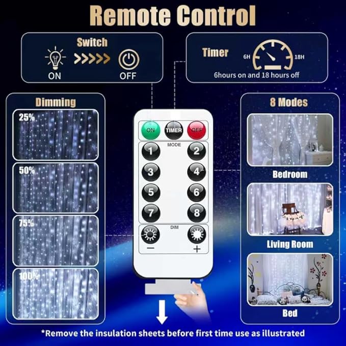 300LED Fairy Curtain Lights, 9.8x9.8Ft Warm White USB Plug in 8 Modes & Timer - Image 4