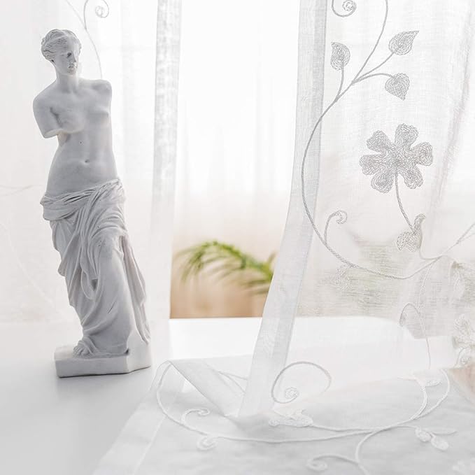 Floral Embroidery Sheer Curtains White 63 Inch Length, Rod Pocket Voile Drapes - Image 3