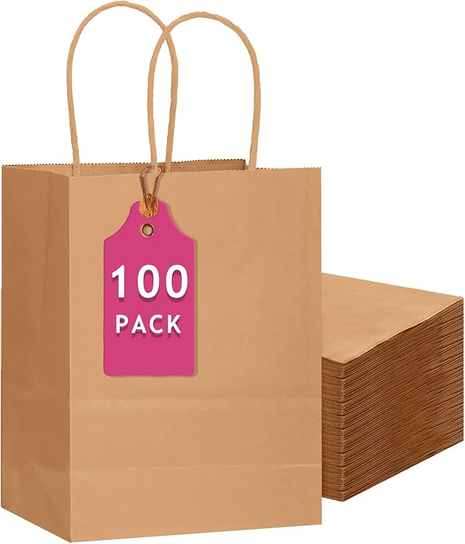 qiqee 100-Packs Brown Paper Gift Bags by Qiqee