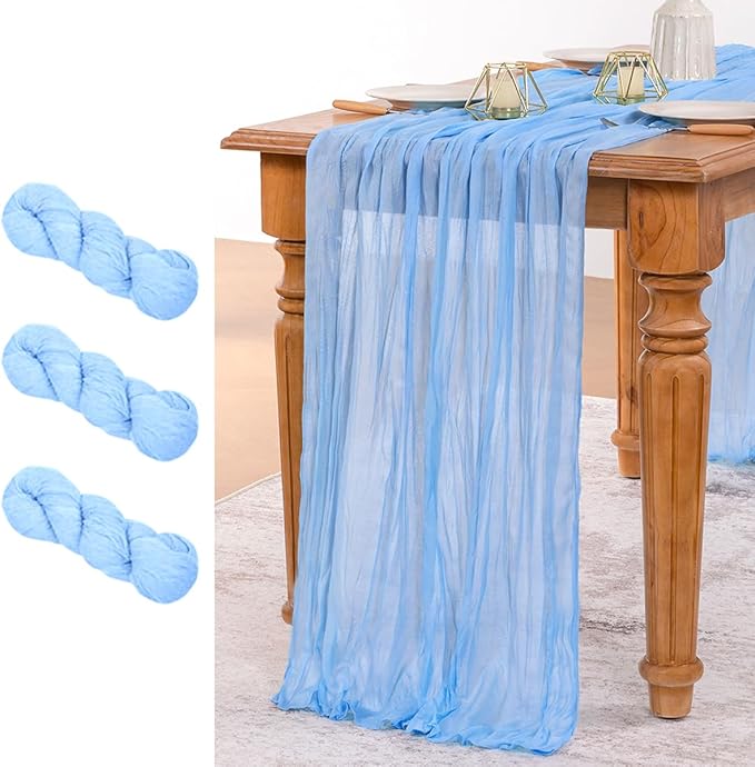 MLMW 3 Pack Light Blue Cheesecloth Table Runner Boho Gauze Rustic Cheese Cloth by MLMW