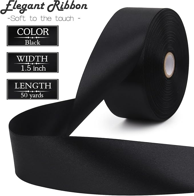 Black Solid Satin Ribbon 1-1/2 Inch 50 Yards Solid Polyester Fabric Ribbon - Image 2