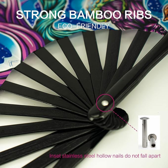 13" Large Rave Fan Bamboo, Folding Clack Hand Fans Foldable - Image 3