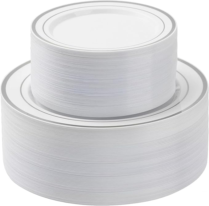 100PCS Silver Plastic Plates Set, 50 10.25 inch Dinner Plate and 50 7.5 inch by BESTSTAR