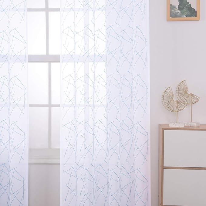 MYSTIC-HOME Sheer Blue Curtains 95 Inches Embroidered Branch Patterned Semi - Image 4