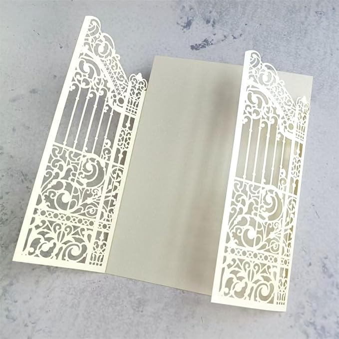 MillaSaw Pearl Ivory Laser Cut Wedding Invitation Card Fence Design by MillaSaw