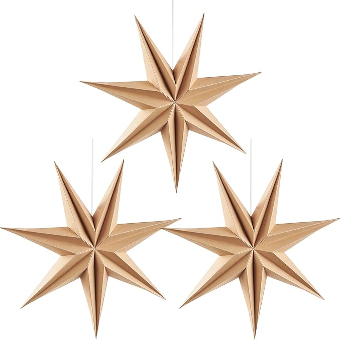 3PCS 12inch 7-Pointed Natural Paper Star Landerns Hanging Decoration Set by EasyJoy