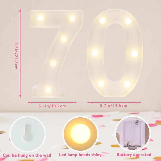 Decorative Led Light Up Numbers, 70th Birthday Decorations, Warm White Led - Image 2