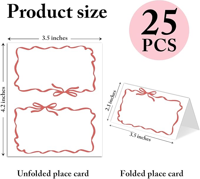 25 Pack Red Bow Wave Place Cards, Editable Name Cards - Image 2