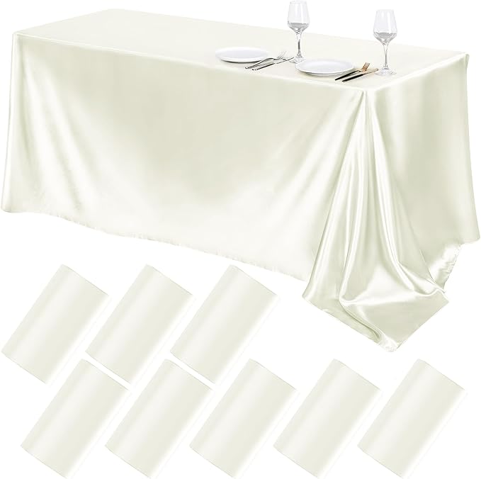 TURSTIN 8 Packs Ivory Satin Tablecloth 102 x 58 Inch Overlay Satin Table Cover by TURSTIN