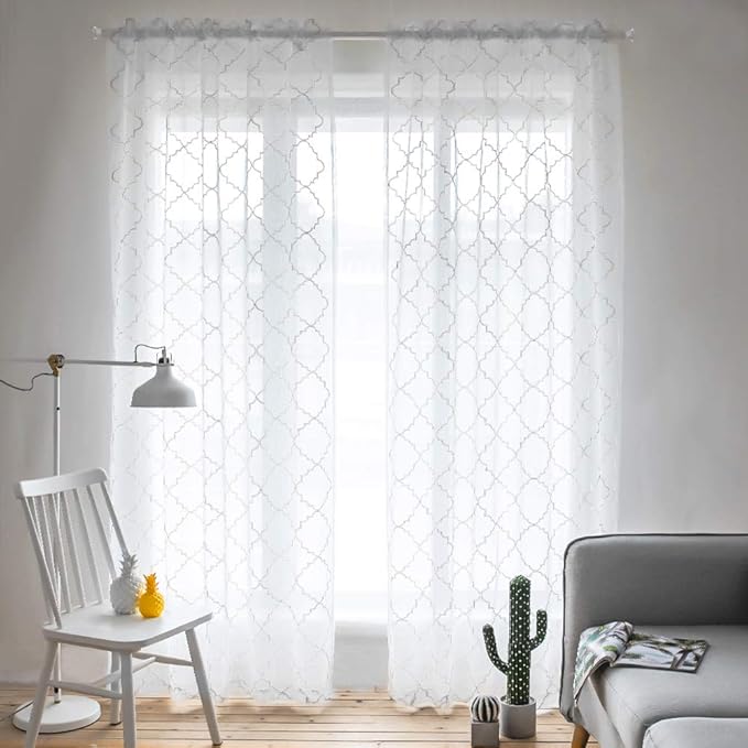 MYSTIC-HOME Sheer Curtains White 95 Inch Length, Rod Pocket Voile Drapes - Image 2