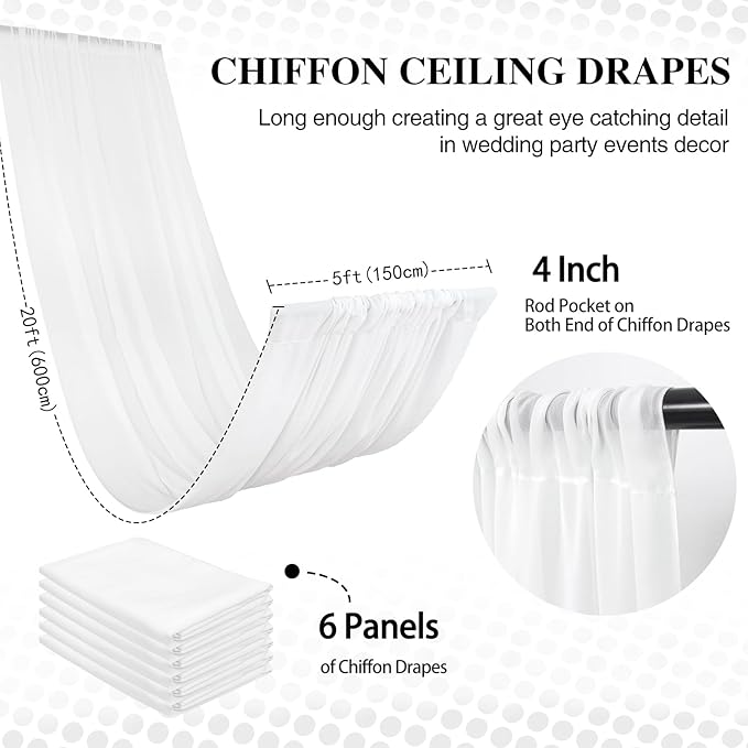 DUOBAO White Wedding Chiffon Ceiling 5x20FT Long Sheer Draping Fabric - Image 2