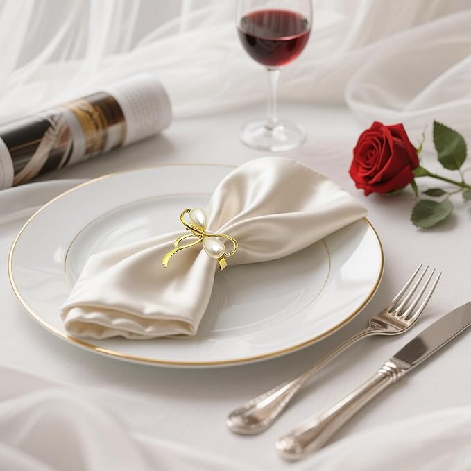 Gold Napkin Rings Set of 8 Pearl Bow Napkin Rings - Image 3