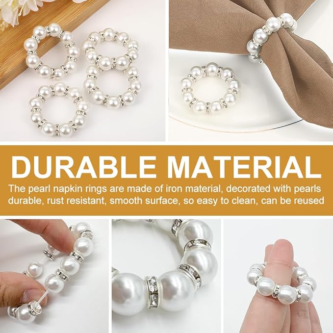 30Pcs Pearl Napkin Rings, Round Napkin Buckles Wedding Beaded White Napkin - Image 4