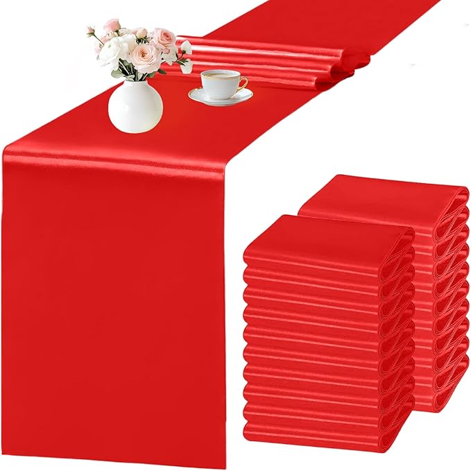 SHEJIZE 20 Pack Red Satin Table Runner 12x108 Inches Long, Bright Silky Smooth by SHEJIZE