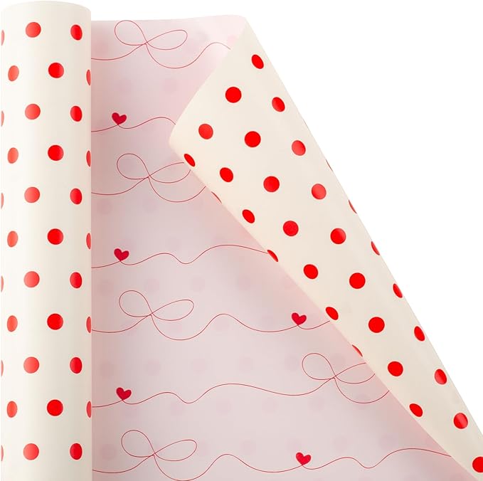 Flyhill Polka Dot Wrapping Paper, Reversible Pink Beige Elegant Heart & Bow by Flyhill