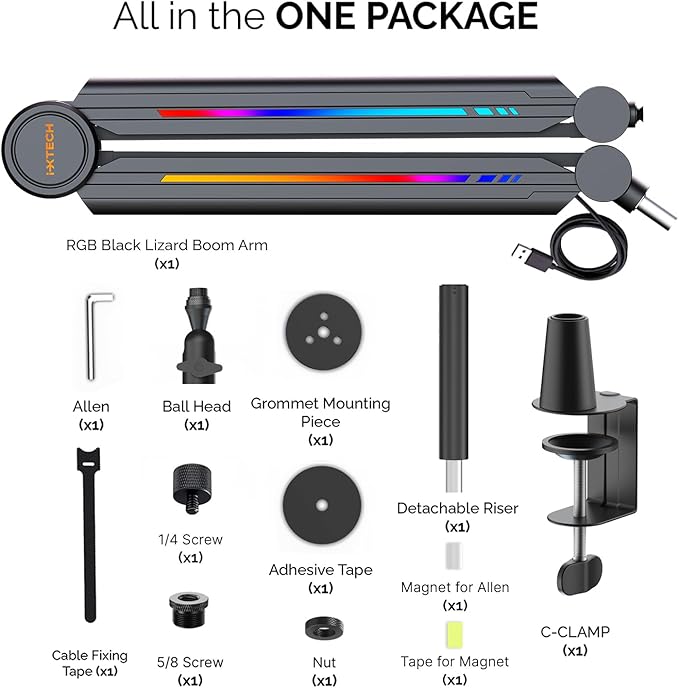 IXTECH RGB Mic Boom Arm High Profile, Overhead Boom Arm Microphone Stand Desk - Image 9