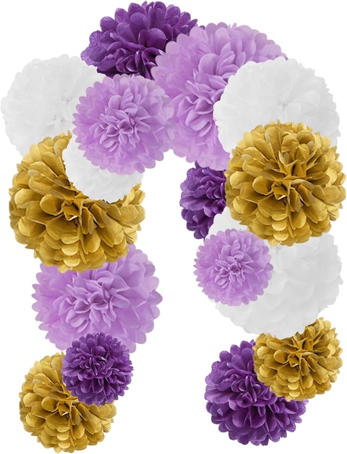 Purple White-Gold Lavender Tissue Pom-Poms - Image 6