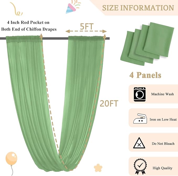 MODFUNS Sage Green Wedding Arch Draping Fabric 5x20ft 4 Panels Sheer Ceiling - Image 3
