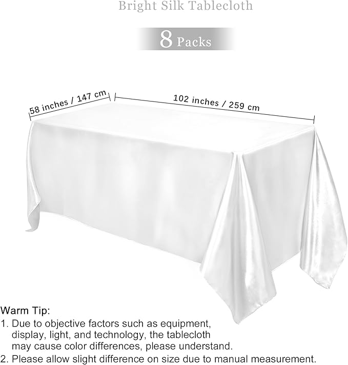 TURSTIN 8 Packs White Satin Tablecloth 102 x 58 Inch Overlay Satin Table Cover - Image 2