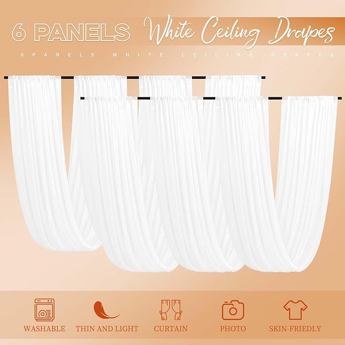 6 Panels White Ceiling Drapes for Wedding 5ftx15ft - Image 8