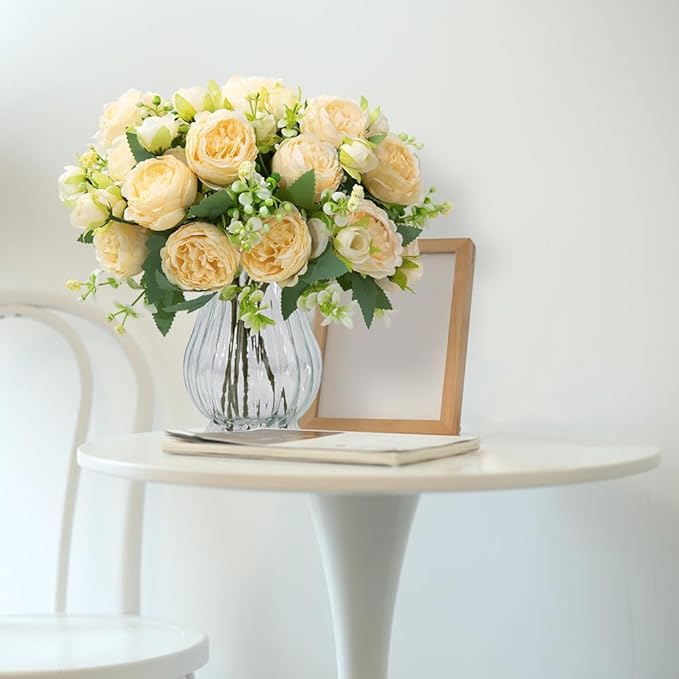 Artificial Peonies Silk Flowers in Glass Vase Faux Flowers Bouquets Modern - Image 6