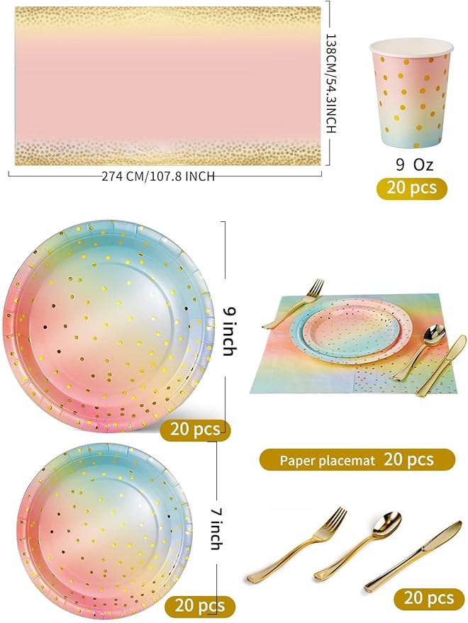 141 Pieces Rainbow Gold Party Supplies, Party Dinnerware Sets Include Paper - Image 3