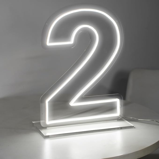 Number 2 Neon Sign for Bedroom, 16.54" Cool White USB Battery Powered Birthday by LIYUNEON