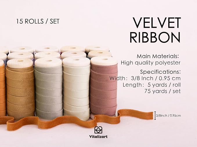 Vitalizart Velvet Ribbon Set 3/8" x 75 Yd Wooden Spool Fabric Trim 15 Rolls * 5 - Image 2